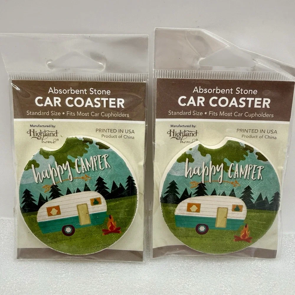 Highland Home Absorbent Stone Car Coaster Happy Camper Lot Of 2